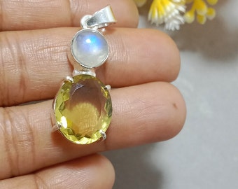 Ciondolo Luna In Argento 925 Placcato Con Quarzo Giallo – Fatto A Mano – Regalo
