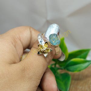 Natural Blue Raw Apatite Ring 925 Sterling Silver And Brass Adjustable Ring Handmade Promise Ring Apatite Anniversary Gift Jewelry For Wife