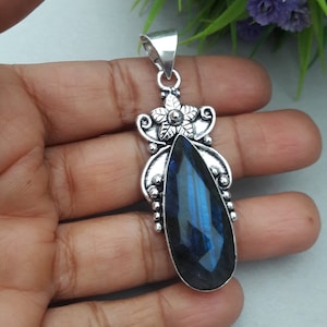 Blue Fire Labradorite Gemstone Pendant 925 Sterling Silver Pendant Handmade Statement Pendant Gemstone Pendant Necklace Gift Jewelry For Her