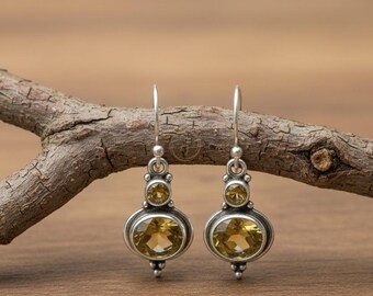Orecchini pendenti in argento sterling con citrino naturale, placcati in oro 18 carati