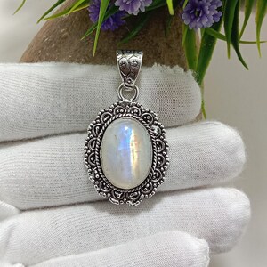 Natural Blue Fire Rainbow Moonstone Pendant Pure 925 Sterling Silver Pendant Statement Pendant Gemstone Pendant Moonstone Jewelry For Women