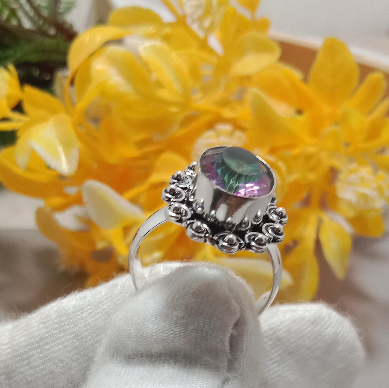 Anello Cocktail Argento Con Topazio Mistico Arcobaleno 7x9 Mm E Opale, Taglie 7-8-9-10 - Foto 4