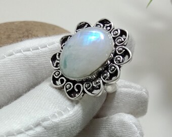 Rainbow Moonstone 925 Sterling Silver Ring, Handmade Stacking Jewelry