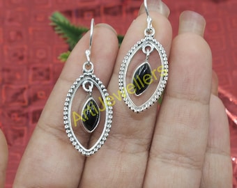 Natuurlijke zwarte onyx-stenen oorbellen, 925 sterlingzilveren oorbellen, edelsteenoorbellen, hangoorbellen, handgemaakte oorbellen, cadeau voor haar