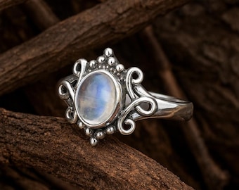 Rainbow Moonstone Ring, Sterling Silver Rings for Women, Boho Simple Ring with Natural Stone, Birthstone Gemstone Ring Jewelry, Gift for Her