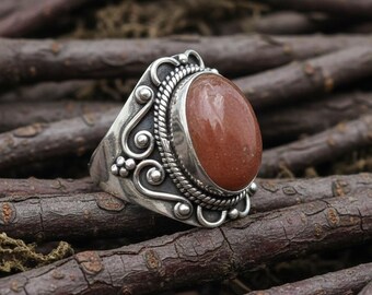 Natural Orange Sunstone Ring, Handmade Statement Ring, 925 Sterling Silver Yellow & Rose Gold Ring, Engagement Ring, Wedding Gift for Her