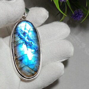 Large Blue Fire Labradorite Gemstone Pendant 925 Sterling Silver Pendant Handmade Statement Pendant Anniversary Gift Jewelry For Wife