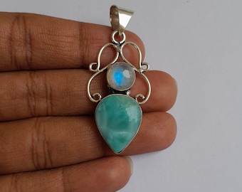 Natural Blue Larimar Rainbow Moonstone Pendant Pure 925 Sterling Silver Statement Pendant Two Stone Pendant Anniversary Gift For Wife Mom