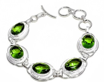 Green peridot Bracelet 925 Sterling Silver Bracelet Handmade Statement Bracelet Cut Stone Bracelet Chain Bracelet Gift Jewelry For Women