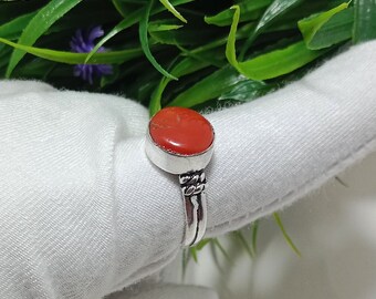 Natural Red Coral Sterling Silver Ring, Boho Promise Ring