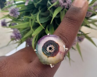 Anello boho fatto a mano con quarzo solare e druse, in argento sterling 925