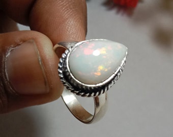 Anillo de ópalo etíope en forma de pera, piedra arcoíris, plata de ley 925