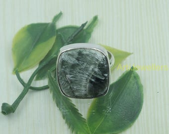 Natural Large Green Seraphinite Stone Ring, 925 Sterling Silver Ring, Statement Ring, Gemstone Ring Seraphinite Gift Jewelry for Her and Him