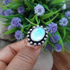 Natural Blue Fire Moonstone Ring, 925 Sterling Silver Ring, Statement Ring, Handmade Ring, Moonstone Jewelry, Anniversary Gift for Her