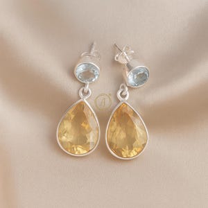 Yellow Citrine Earrings, Blue Topaz Earrings, 925 Solid Sterling Silver Earrings, Two Stone Earrings, Rose Gold Yellow Gold Plated Earrings