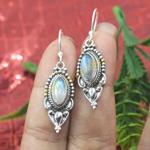 Blue Rainbow Moonstone Earrings 925 Sterling Silver Earrings Handmade Statement Earrings Drop Dangle Earrings Moonstone Gift Jewelry For Her