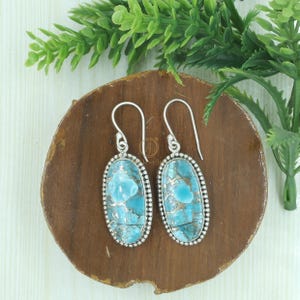 Natural Blue Copper Turquoise Gemstone Handmade Earrings, 925 Sterling Silver Earrings, Unique Design Blue Color Gemstone Earring for Women
