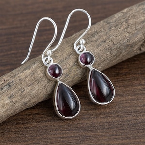 Garnet Gemstone 925 Sterling Silver Drop Dangle Earrings Handmade Yellow Gold & Rose Gold Plated Earring Double Stone Earring for Girlfriend