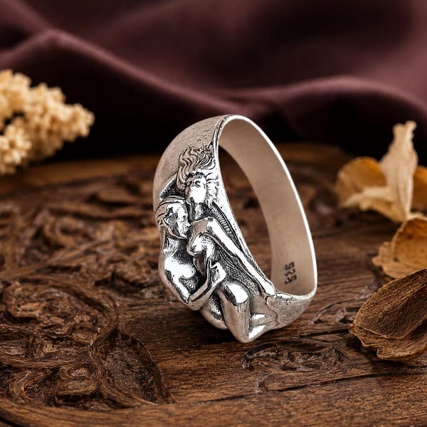 Sterling Silver Guardian Angel Ring, Celestial Statement Ring, Gothic Angel Jewelry, Handmade Spiritual Gift