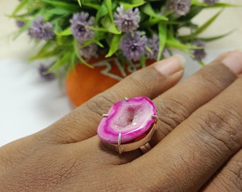 Handgemachte Rosa Druzy Ring, 925 Sterling Silber Ring