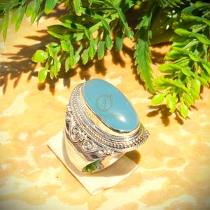 Anel de pedra calcedônia azul, anel de prata esterlina 925, anel feito à mão, anel de declaração, aliança de casamento, anel de compromisso para ela, joia de calcedônia