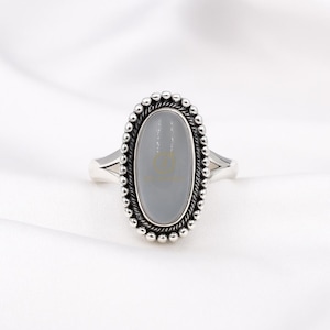 Anel de calcedônia azul natural feito à mão com pedra preciosa, anel de compromisso de prata esterlina 925 para homens, joia de presente de calcedônia para mulheres