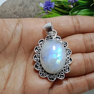 Natural Large Blue Moonstone Pendant 925 Sterling Silver Pendant Handmade Design Pendant Statement Pendant Wedding Gift Jewelry For Women