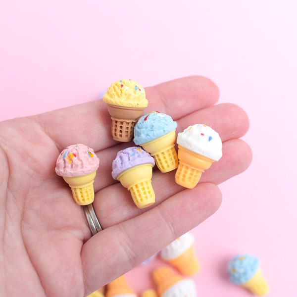 3D Ice Cream Cone Cabochons, Set of 5 Sweet Treat Mini Resin Dollhouse Food, Choose Color or Assorted