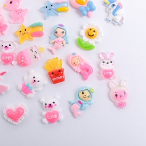 Girly Resin Cabochons: Pink Mermaid, Bear, Floral Charms - Set of 10