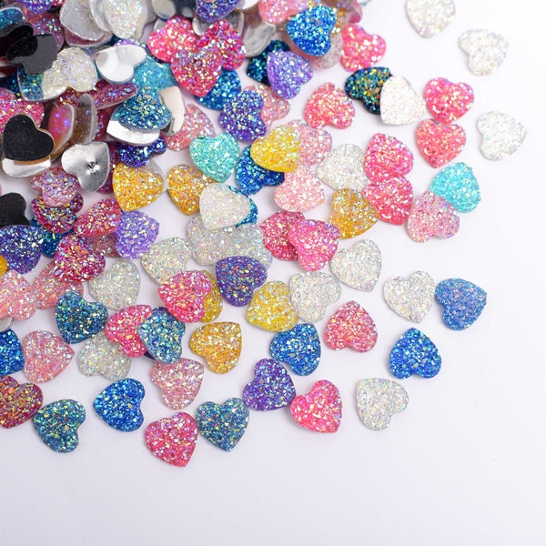 12mm Faux Druzy Heart Cabochons, Glitter Flatbacks for Earrings and Crafting, Set of 10 Hearts in Assorted Colors