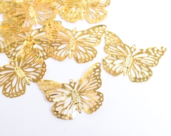 Large Thin Gold Plated Filigree Butterfly Charms, Set of 10, Bendable Metal Necklace Pendant Findings