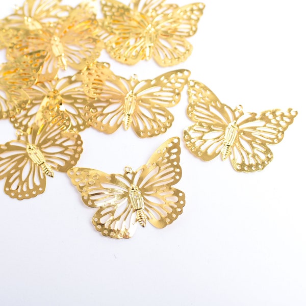 Large Thin Gold Filigree Butterfly Charms, Set of 6, Bendable Metal Necklace Pendant Findings