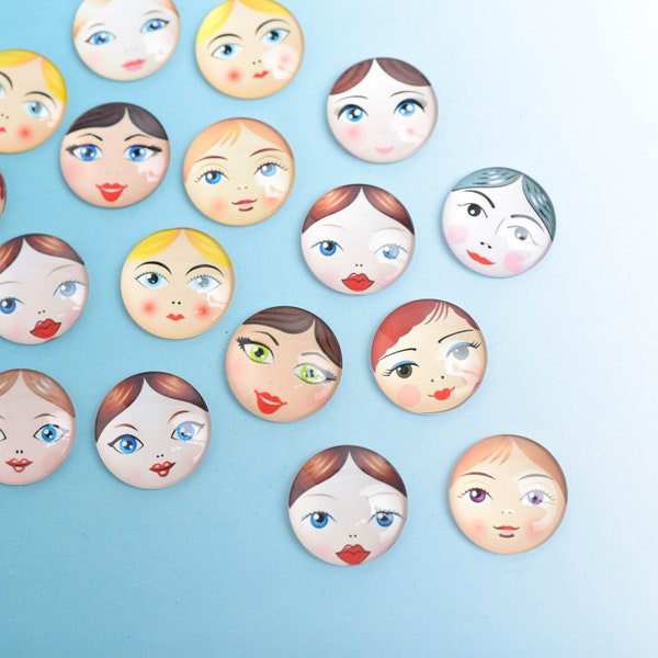 Assorted Doll Girls Flat Back Cabochons, Set of 10 Doll Face Glass 25mm Resin Cabochons, Use for Magnets Bow Centers Pins, 25mm or 20mm