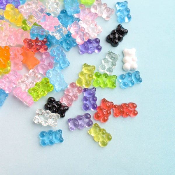 Translucent Rainbow Gummy Bear Cabochons, Set of 10 ASSORTED Colors Fake Candy Flatbacks, Use for Earrings Push Pins Cell Phone Cases DIY