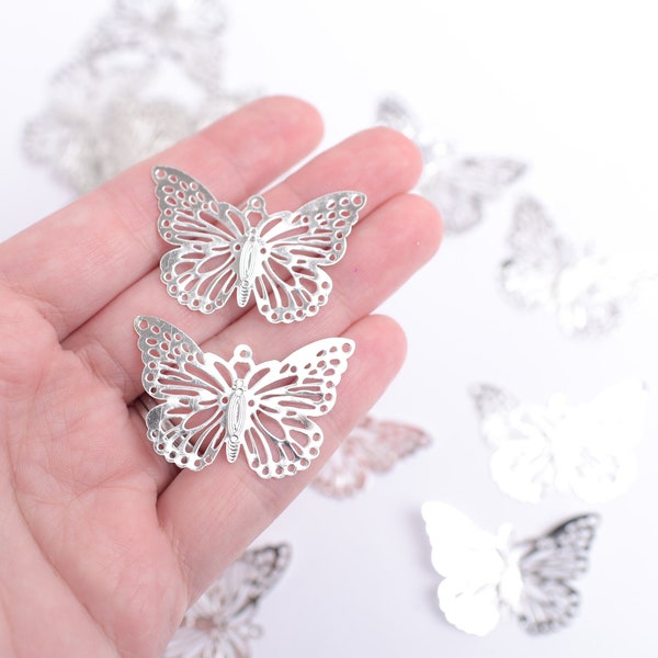 Thin Silver Filigree Butterfly Charms, Set of 6, Bendable Metal Necklace Pendant Earring Findings