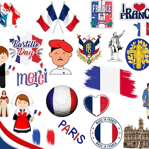 Frankreich Bundle: 50 Digitale PNG Dateien | Eiffelturm, Französische Flagge, Croissant, Wahrzeichen & Mehr | 1800x1600px