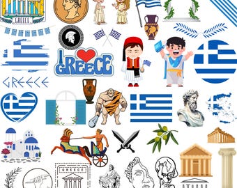 Greklandspaket: 100 digitala PNG-filer | Grekisk flagga, Parthenon, Santorini, antika symboler och mer | 1800x1600px
