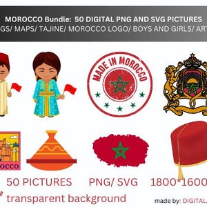 Morocco Bundle Graphics : 50 Digital PNG & SVG Files | Flags, Maps, Tajine, Zellij, Moroccan Culture | 1800x1600px