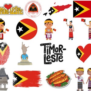 May include: A selection of stickers and illustrations showcasing the flag and cultural symbols of Timor-Leste. Includes the flag, a map, a heart, and cartoon figures in traditional dress. Also features the text "Timor-Leste".