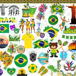 Paquete de Brasil: 50 archivos PNG digitales / Bandera brasileña, Carnaval, Río de Janeiro, Vida salvaje amazónica, Cultura brasileña y más / 1800x1600px