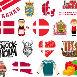 Pode incluir: Uma coleção de ilustrações relacionadas à Dinamarca e à Escandinávia. As ilustrações incluem uma bandeira, um coração, uma coroa, um capacete viking, um edifício, uma pessoa com roupas tradicionais, um barco e um texto que diz "STOCKHOLM".
