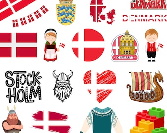 Denmark Bundle: 50 Digital PNG Files | Danish Flag, Landmarks, Food, Culture & More | 1800x1600px