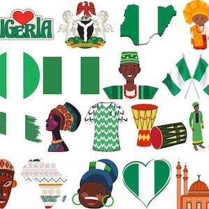 Könnte beinhalten: Eine Sammlung von Illustrationen, die die nigerianische Kultur repräsentieren. Die Illustrationen beinhalten die nigerianische Flagge, ein Wappen, ein Fußballtrikot, traditionelle Kleidung, Musikinstrumente und eine Moschee.