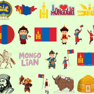 May include: A collection of illustrations and graphics featuring Mongolian cultural elements. Includes flags, maps, traditional clothing, a yurt, and the text "Mongolian". The color palette is dominated by red, blue, and yellow.