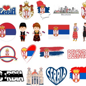 Serbien Bundle: 60 Digitale PNG Dateien | Serbische Flagge, Belgrad Sehenswürdigkeiten, Traditionelle Kunst & mehr | 1800x1600px