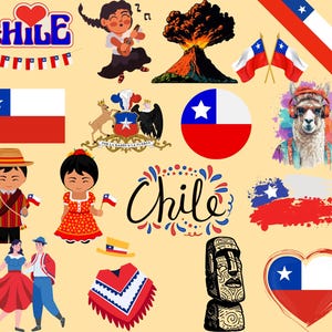 Chile Bundle: 50 PNG Dateien | Chile Flagge, Landkarte, Andengebirge, Moai Statuen, traditionelle Kultur & mehr | 1800x1600px