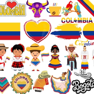 Paquete de Colombia: 70 archivos PNG digitales / Bandera de Colombia, monumentos de Bogotá, café, arte tradicional y más / 1800 x 1600 px