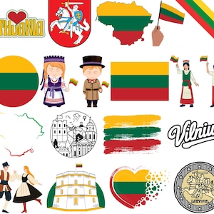May include: A collection of illustrations and graphics featuring the colors of the Lithuanian flag: yellow, green, and red. Includes a map, flag, coat of arms, traditional clothing, and the word "Lithuania".