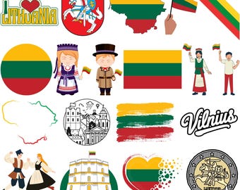 Lithuania Bundle: 75 Digital PNG Files | Lithuanian Flag, Map, Landmarks, Folk Symbols & More | 1800x1600px