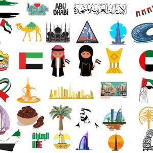 VAE-bundel: 70 digitale png-bestanden | Vlag van de VAE, Burj Khalifa, skyline van Dubai, Arabische kunst en meer | 1800 x 1600 px